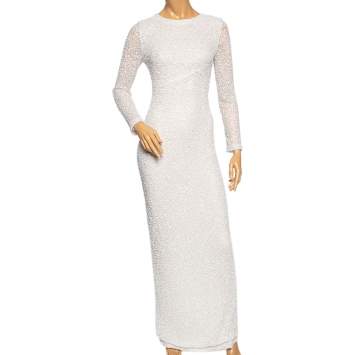 Pre Owned Balmain White Sequin & Pearl Embellished Long Sleeve Dress M