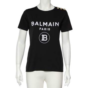 Pre Owned Balmain Black Logo Print Cotton Knit T-Shirt S