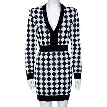 Pre Owned Balmain Monochrome Geometric Patterned Knit V-Neck Short Dress M