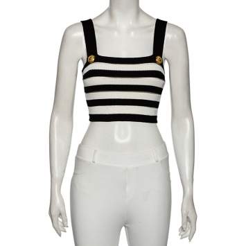 Pre Owned Balmain Monochrome Striped Knit Crop Top M
