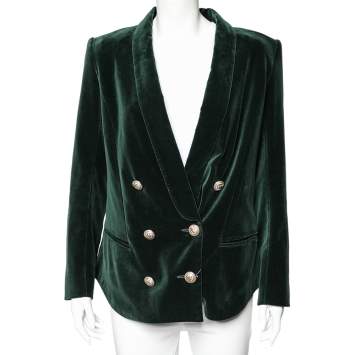 Pre Owned Balmain Green Velvet Double Breasted Blazer L 