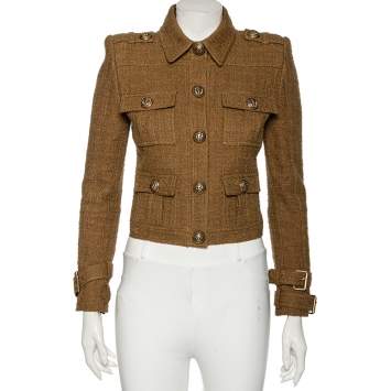Pre Owned Balmain Olive Green Tweed Collared Button Front Cropped Jacket S