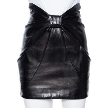 Pre Owned Balmain Black Leather Bow Detail Mini Skirt S