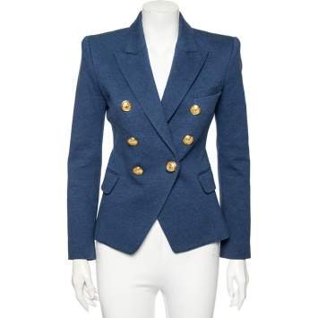 Pre Owned Balmain Blue Cotton Double Breasted Blazer S
