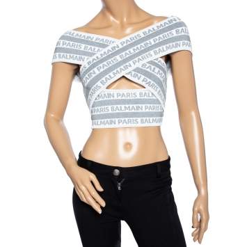 Pre Owned Balmain White & Grey Lurex Logo Knit Cross Neck Crop Top S