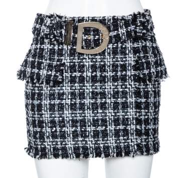 Pre Owned Balmain Monochrome Tweed & Lurex Belted Mini Skirt S