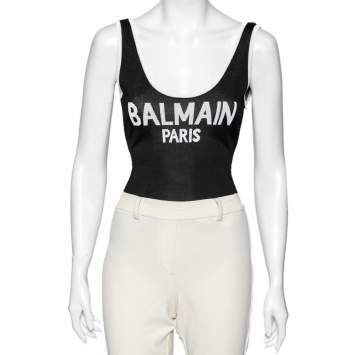 Pre Owned Balmain Black Knit Logo Printed Sleeveless Bodysuit S 