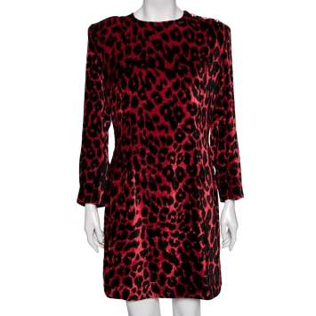 Pre Owned Balmain Red & Black Leopard Print Velvet Mini Dress L