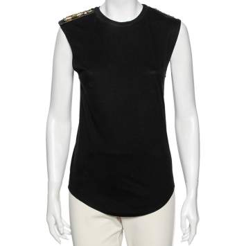 Pre Owned Balmain Black Cotton Metal & Leather Shoulder Trim Sleeveless T-Shirt S 