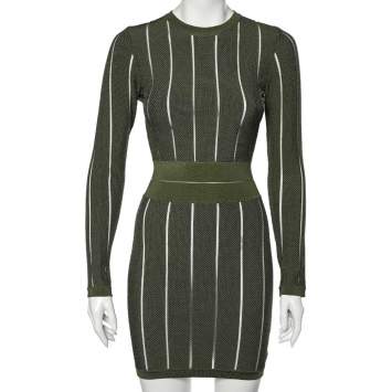 Pre Owned Balmain Dark Green Sheer Striped Textured Knit Sheath Dress S