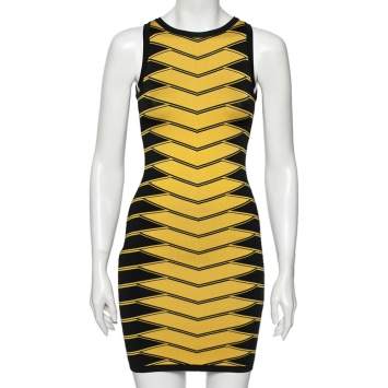 Pre Owned Balmain Black & Yellow Patterned Knit Sleeveless Bodycon Dress S 