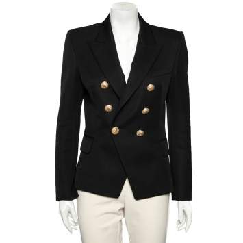 Pre Owned Balmain Black Wool Embossed Button Double Breasted Blazer M