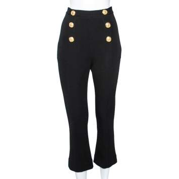 Pre Owned Balmain Black Knit Button Detail High Waist Trouser L