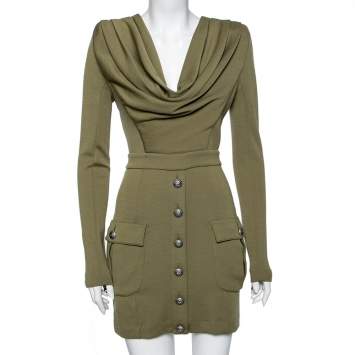 Pre Owned Balmain Green Wool Drape Button Front Long Sleeve Midi Dress S
