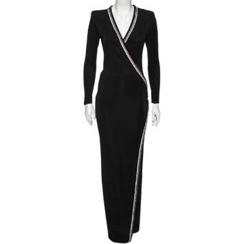 Pre Owned Balmain Black Jersey Crystal Embellished Slit Detailed Maxi Dress M