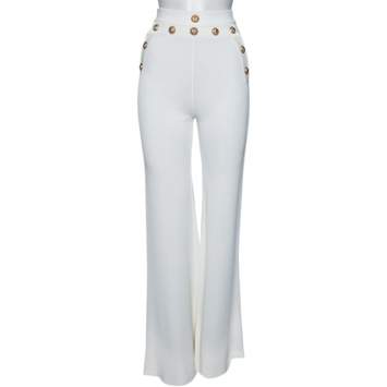 Pre Owned Balmain White Knit Button Embellished Flared Trousers S