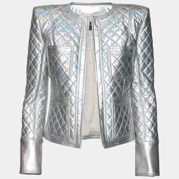 Pre Owned Balmain Silver Holographic Quilted Open Front Jacket M