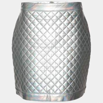 Pre Owned Balmain Silver Quilted Mini Skirt L