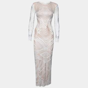 Pre Owned Balmain White Geometric Open Knit Long Sleeve Fitted Dress S