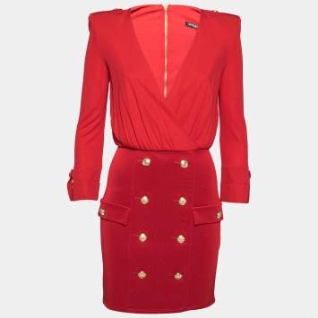 Pre Owned Balmain Red Knit Engraved Button Embellished Pleated Front Dress M