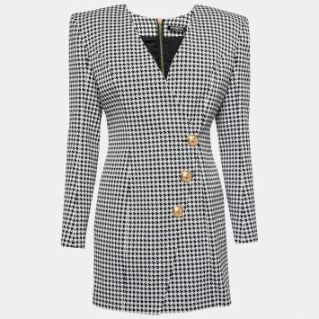Pre Owned Balmain Monochrome Houndstooth Jacquard Mini Dress M