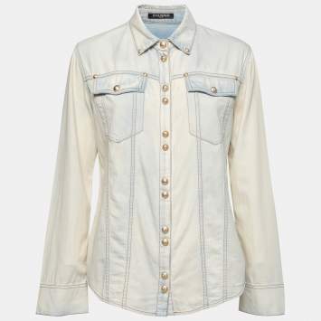 Pre Owned Balmain Bleached Blue Denim Long Sleeve Button Front Shirt M