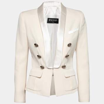 Pre Owned Balmain Cream Wool & Satin Trimmed Double Breasted Tuxedo Jacket M