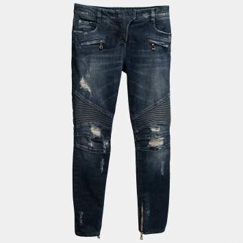 Pre Owned Balmain Blue Distressed Denim Skinny Biker Jeans S