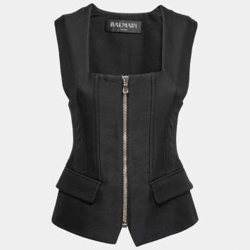 Pre Owned Balmain Black Knit Pocket Detail Zip Front Sleeveless Jacket M