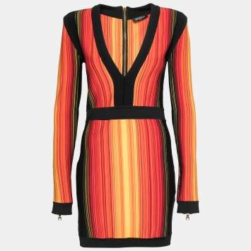 Pre Owned Balmain Multicolor Striped Knit Long Sleeve Mini Dress L