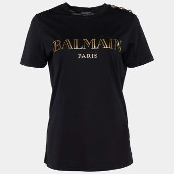 Pre Owned Balmain Black Logo Print Cotton Button Detail Crew Neck T-Shirt S