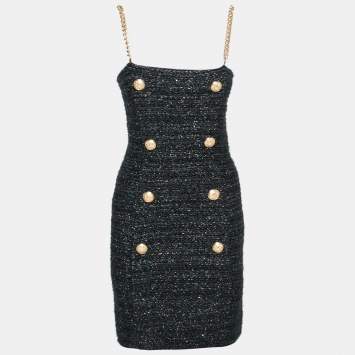 Pre Owned Balmain Black Tweed Chain Strap Mini Dress M