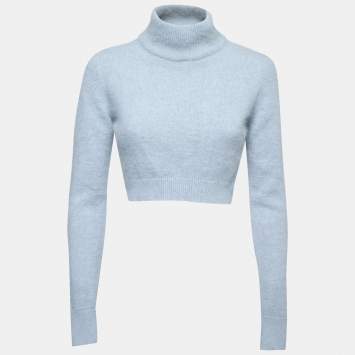 Pre Owned Balmain Blue Angora Turtle Neck Cropped Sweater M