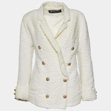 Pre Owned Balmain Ivory Cotton & Linen Tweed Double Breasted Blazer L