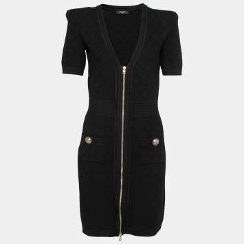 Pre Owned Balmain Black Intarsia Knit Zip Front Bodycon Dress S