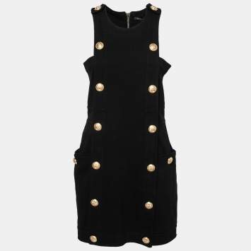 Pre Owned Balmain Black Button-Embellished Stretch-Knit Mini Dress L  