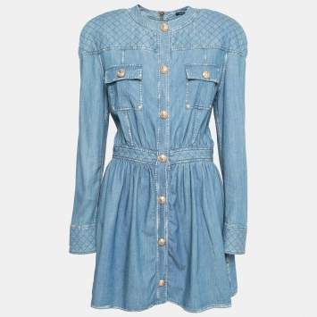 Pre Owned Balmain Blue Stonewashed Denim Quilted Dress L 