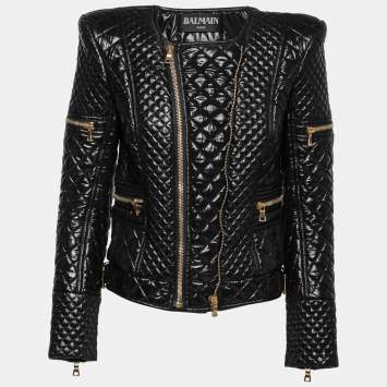 Pre Owned Balmain Black Synthetic Gold Zipper Detail Quilted Jacket M
