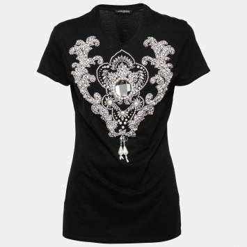 Pre Owned Balmain Black Pearl & Rhinestone Embellished Cotton T-Shirt M