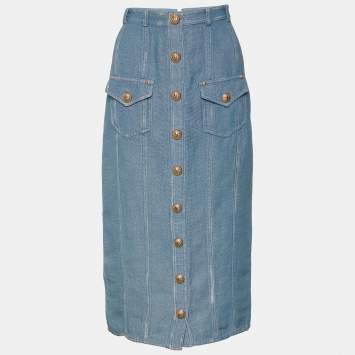Pre Owned Balmain Blue Denim Effect Cotton & Linen Midi Skirt M