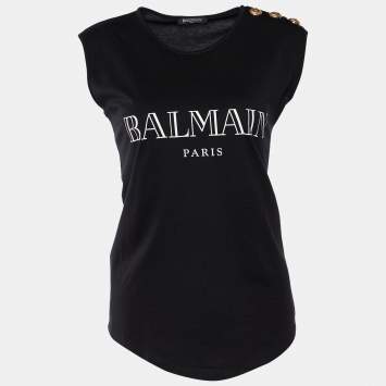 Pre Owned Balmain Black  Logo Printed Cotton Knit Tank Top S