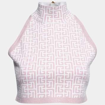 Pre Owned Balmain Pink Jacquard Lurex Knit Mock Neck Crop Top L