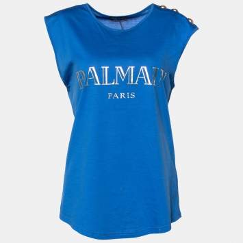 Pre Owned Balmain Blue Jersey Button Detail Sleeveless Top M