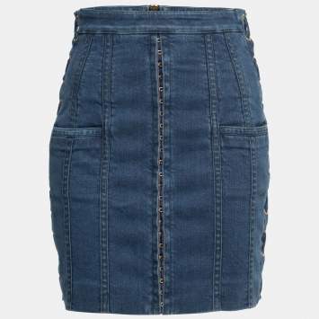 Pre Owned Balmain Blue Denim Side-Lace Detail Mini Skirt M