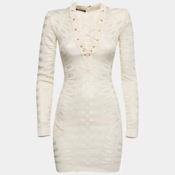 Pre Owned Balmain Cream Jacquard Stretch Knit Lace-Up Detail Bodycon Dress S