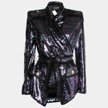 Pre Owned Balmain Purple Sequined Frayed Belted Blazer M