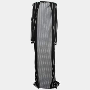 Pre Owned Balmain Black Striped Knit Long Open Cardigan M