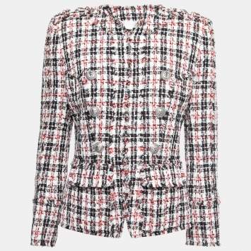 Pre Owned Balmain Black & Red Tweed Button Embellished Jacket M