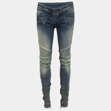Pre Owned Balmain Blue Denim Moto Biker Jeans M