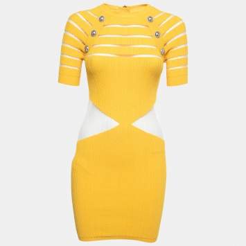Pre Owned Balmain Yellow Rib Knit & Mesh Inset Short Sleeve Bodycon Dress S
